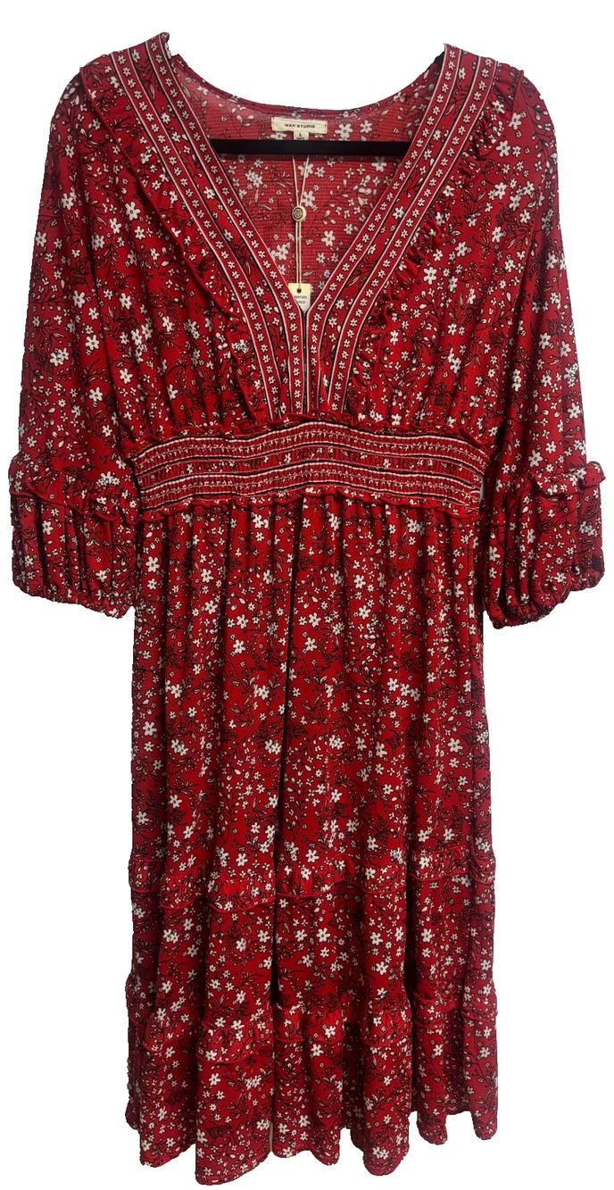 Max Studio Large V-Neck Midi Dress Women Red Floral Smocked Tiered Boho New